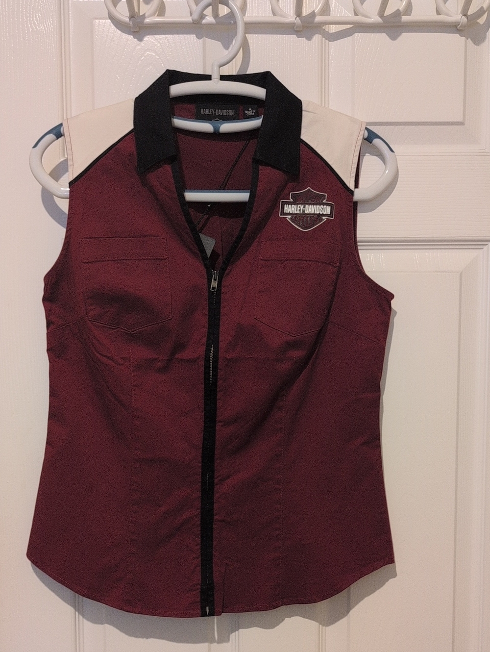 Harley-Davidson Women's Burgundy and Cream Zip-Front Button Down Shirt